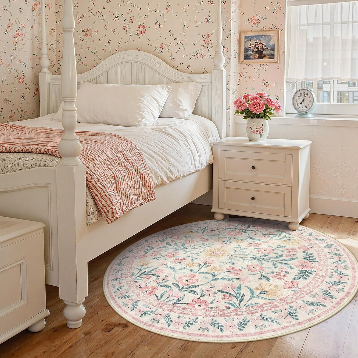 Pink Floral Round Rugs 5ft, Soft Circle Rug Non Slip Washable Round Carpet, Boho Non-Shedding Flower Distressed Circle Carpets for Bedroom Girls Room Nursery