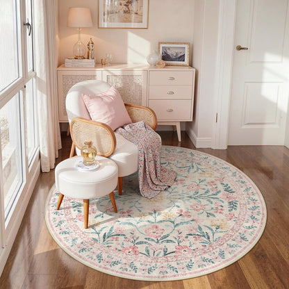 Pink Floral Round Rugs 5ft, Soft Circle Rug Non Slip Washable Round Carpet, Boho Non-Shedding Flower Distressed Circle Carpets for Bedroom Girls Room Nursery