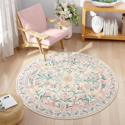 Pink Floral Round Rugs 5ft, Soft Circle Rug Non Slip Washable Round Carpet, Boho Non-Shedding Flower Distressed Circle Carpets for Bedroom Girls Room Nursery