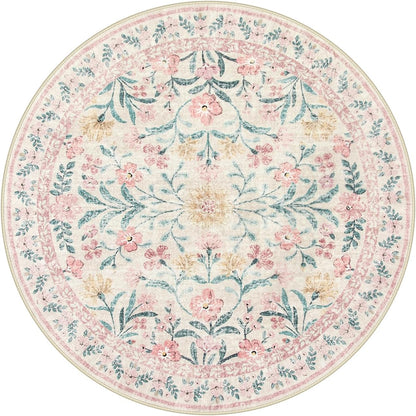Pink Floral Round Rugs 5ft, Soft Circle Rug Non Slip Washable Round Carpet, Boho Non-Shedding Flower Distressed Circle Carpets for Bedroom Girls Room Nursery