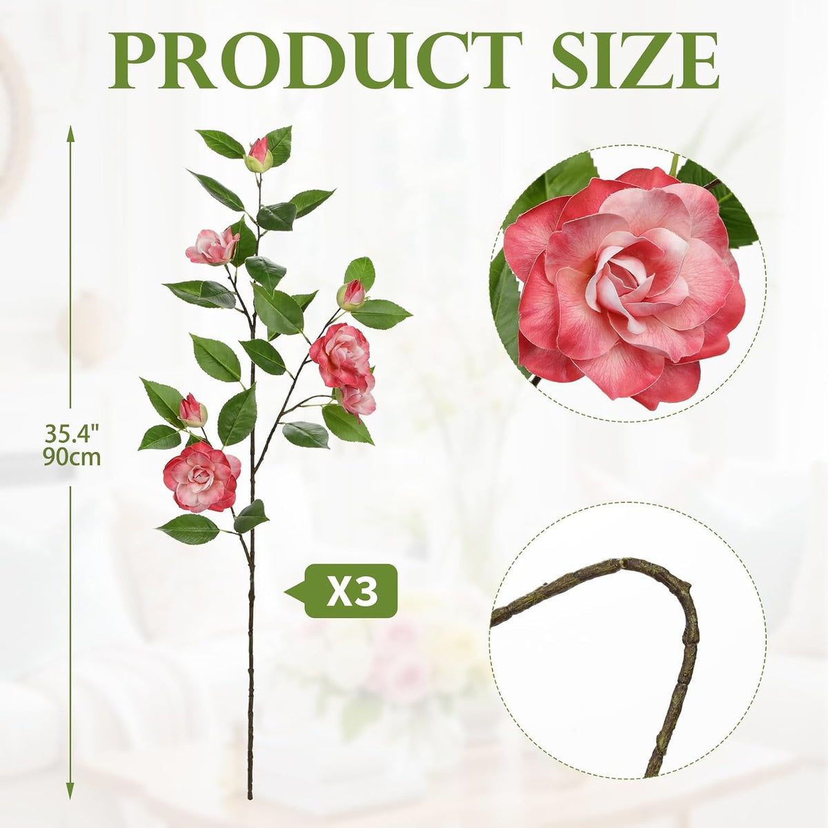 35.4" Pink Artificial Flowers Stems Real Touch Fake Camellia Fade Resistant, 3Pcs Realistic Faux Camellia Silk Flowers for Floral Arrangements, Table Centerpieces, Wedding, Living Room, Entryway Decor