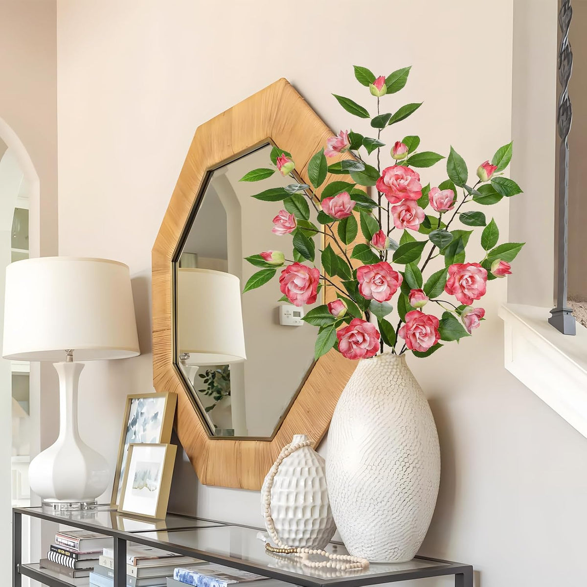 35.4" Pink Artificial Flowers Stems Real Touch Fake Camellia Fade Resistant, 3Pcs Realistic Faux Camellia Silk Flowers for Floral Arrangements, Table Centerpieces, Wedding, Living Room, Entryway Decor