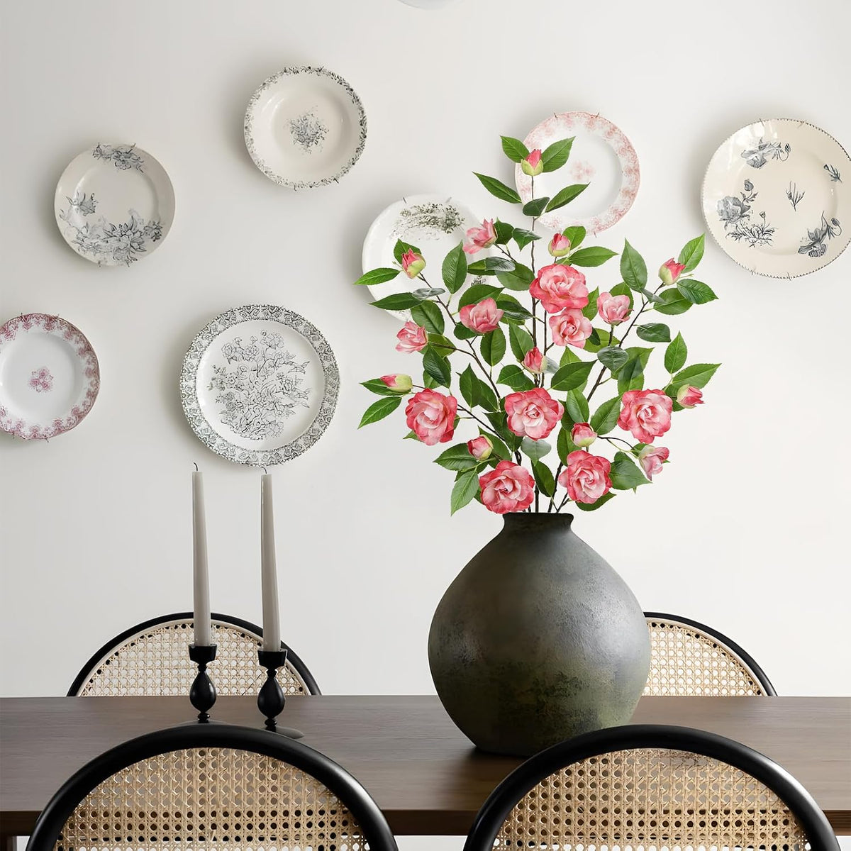35.4" Pink Artificial Flowers Stems Real Touch Fake Camellia Fade Resistant, 3Pcs Realistic Faux Camellia Silk Flowers for Floral Arrangements, Table Centerpieces, Wedding, Living Room, Entryway Decor