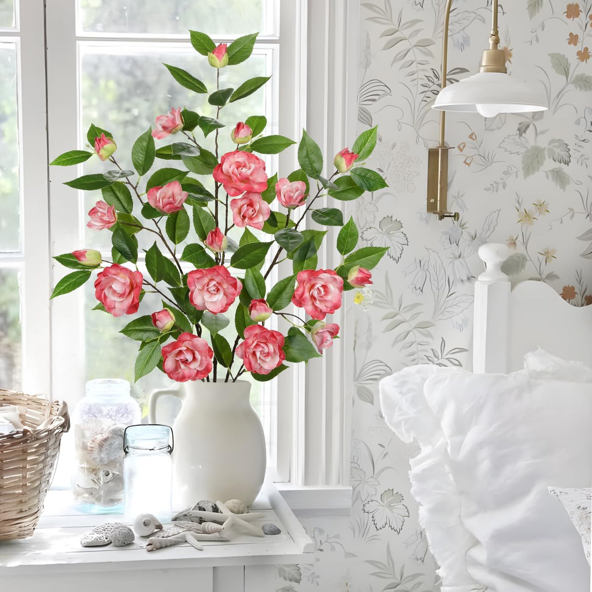 35.4" Pink Artificial Flowers Stems Real Touch Fake Camellia Fade Resistant, 3Pcs Realistic Faux Camellia Silk Flowers for Floral Arrangements, Table Centerpieces, Wedding, Living Room, Entryway Decor