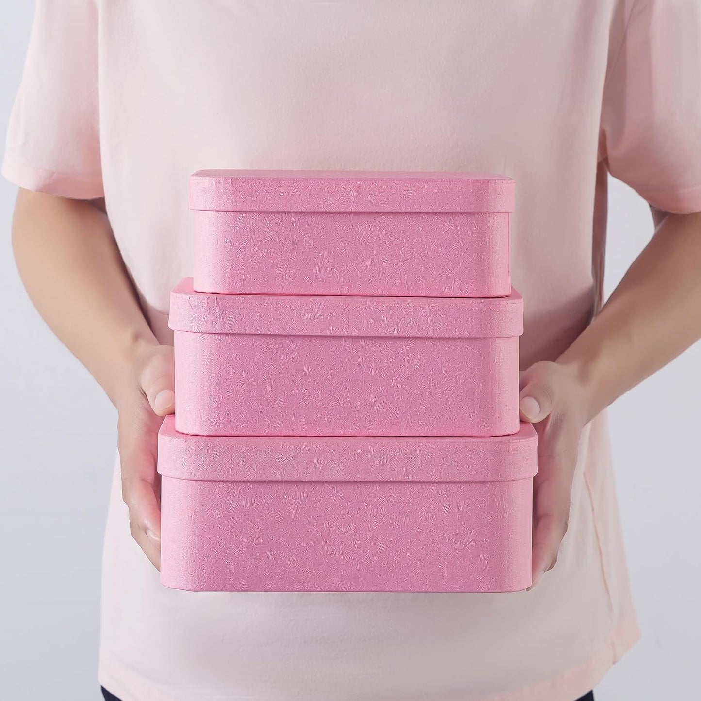 Set of 3 Textured Pink Boxes with Rounded Edges, Decorative Cardboard Boxes with Lids, Nesting Gift Storage, Large Paperboard Containers for Organizing and Keepsakes