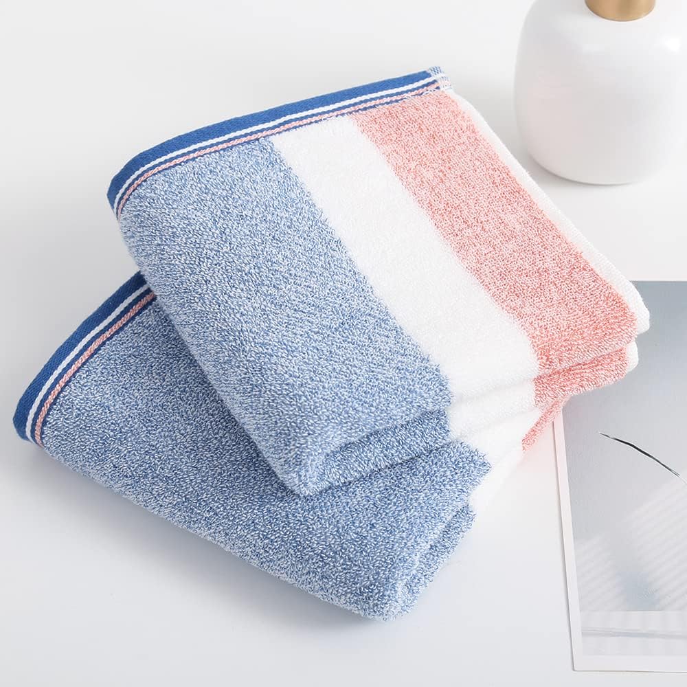 Striped Pattern Hand Towel Set of 2 100% Cotton Terry Soft Ultra Absorbent Decorative Hand Towels for Bathroom 13 x 29 Inch, Blue & Pink