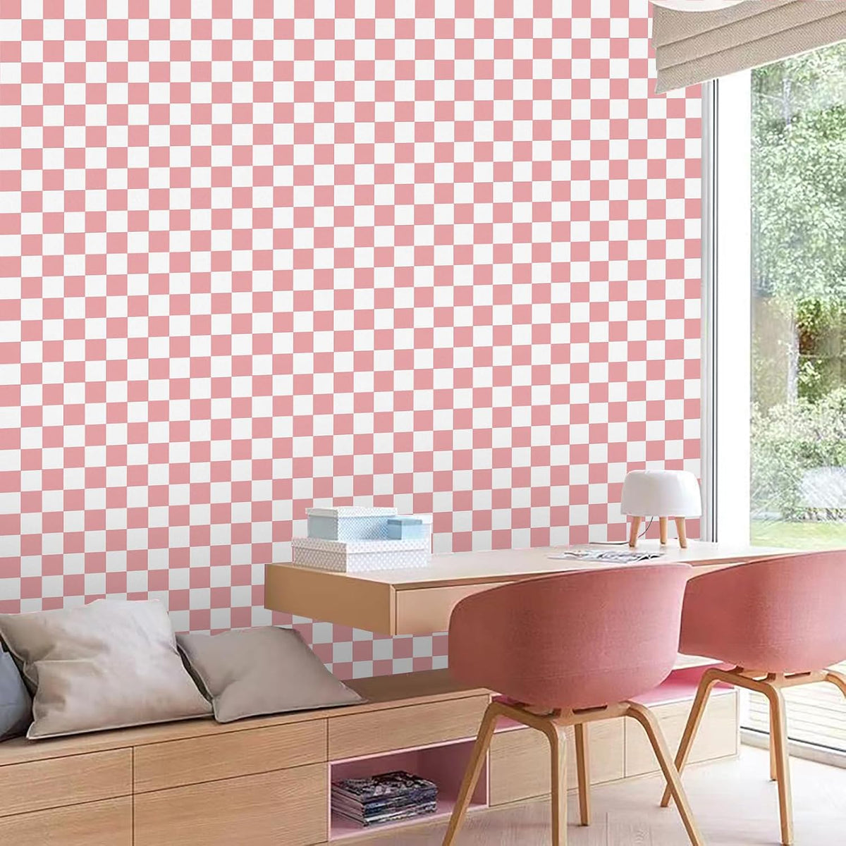 CAX Pink and White Contact Paper Mosaic Checkered Peel and Stick Wallpaper