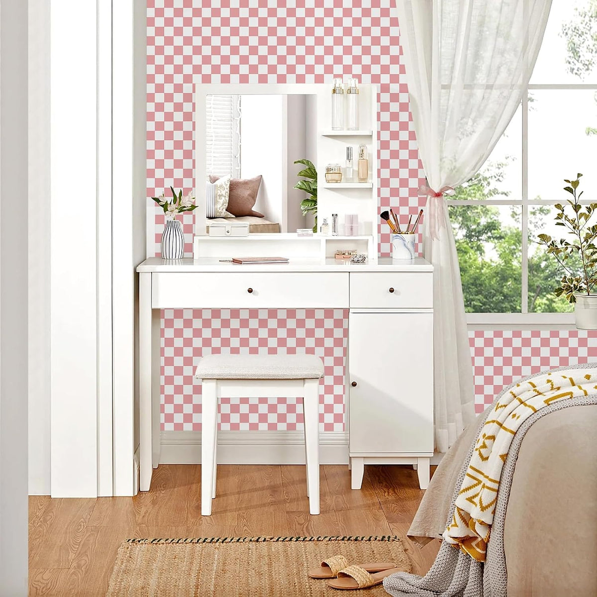 CAX Pink and White Contact Paper Mosaic Checkered Peel and Stick Wallpaper