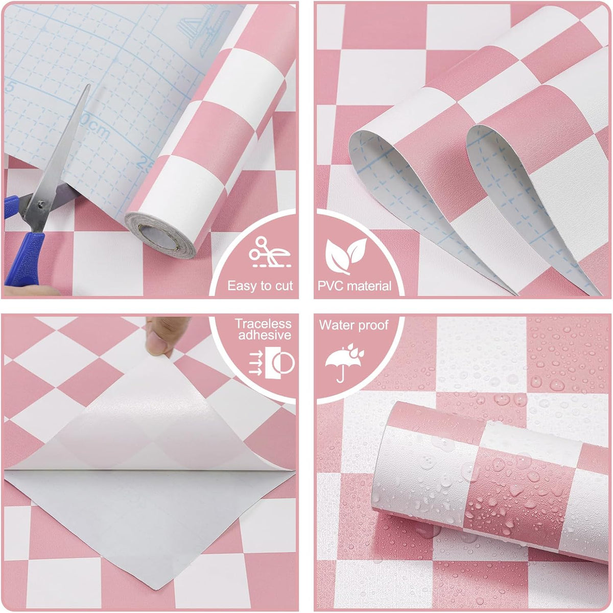 CAX Pink and White Contact Paper Mosaic Checkered Peel and Stick Wallpaper