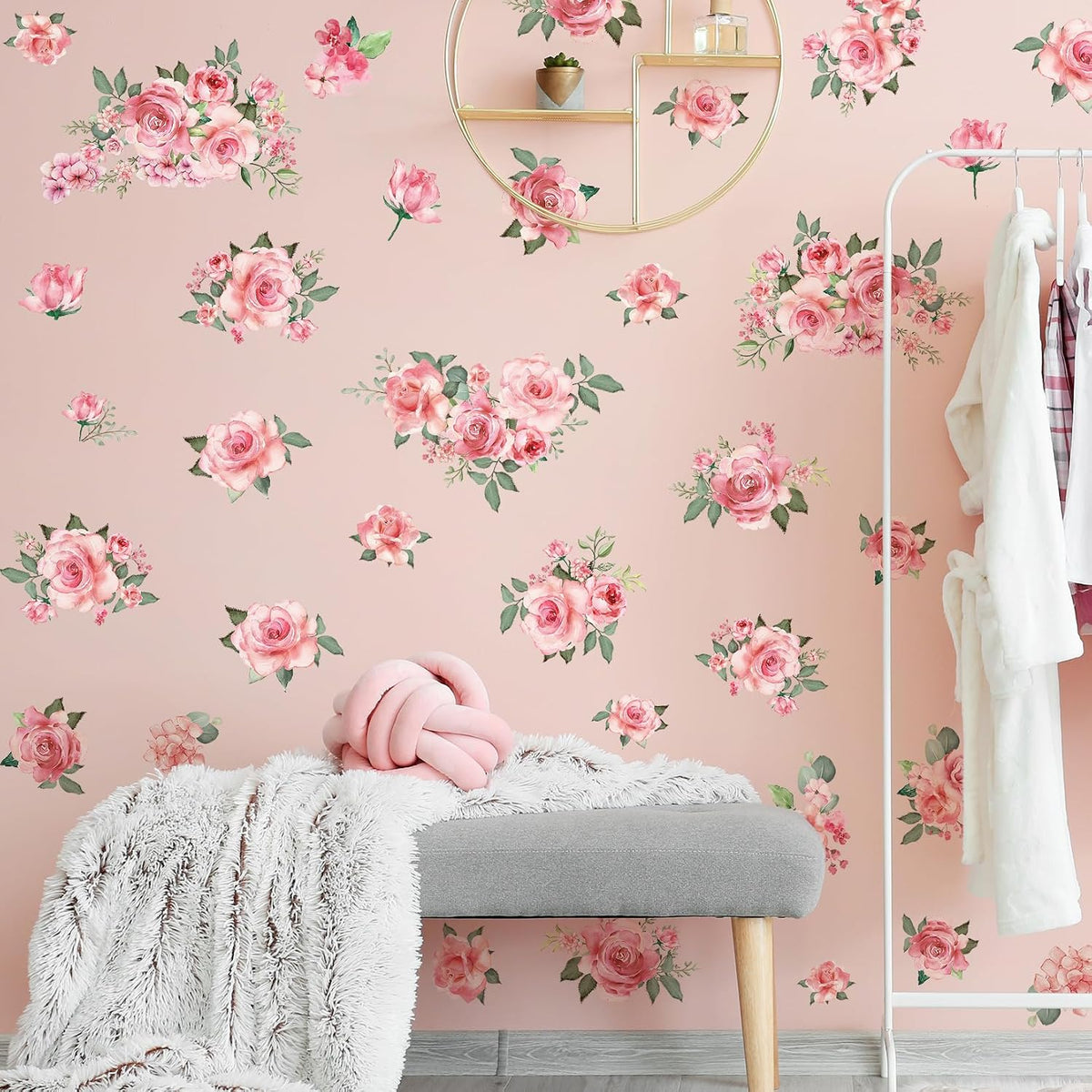Pink Flowers & Green Leaves Wall Decals - Removable Peel & Stick Garden Floral Wall Stickers for Bedroom & Living Room