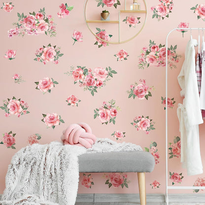 Pink Flowers & Green Leaves Wall Decals - Removable Peel & Stick Garden Floral Wall Stickers for Bedroom & Living Room
