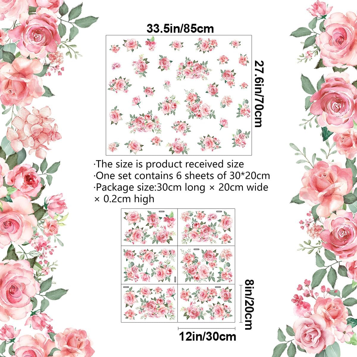 Pink Flowers & Green Leaves Wall Decals - Removable Peel & Stick Garden Floral Wall Stickers for Bedroom & Living Room