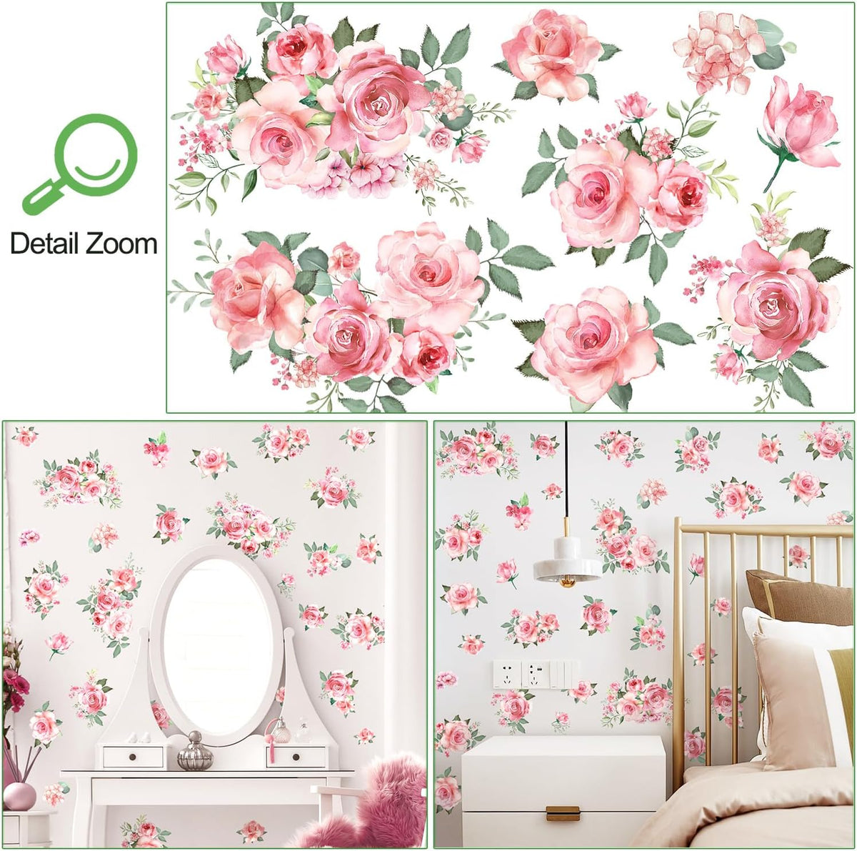 Pink Flowers & Green Leaves Wall Decals - Removable Peel & Stick Garden Floral Wall Stickers for Bedroom & Living Room