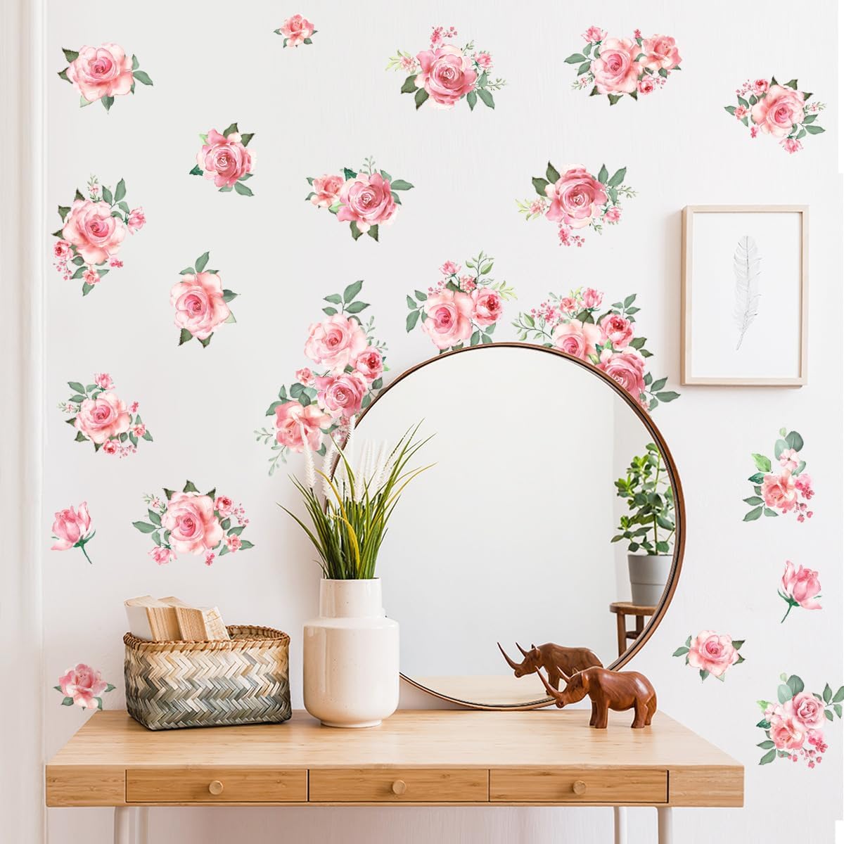 Pink Flowers & Green Leaves Wall Decals - Removable Peel & Stick Garden Floral Wall Stickers for Bedroom & Living Room