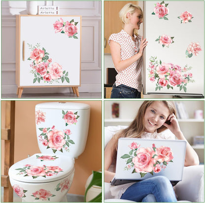 Pink Flowers & Green Leaves Wall Decals - Removable Peel & Stick Garden Floral Wall Stickers for Bedroom & Living Room