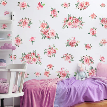 Pink Flowers & Green Leaves Wall Decals - Removable Peel & Stick Garden Floral Wall Stickers for Bedroom & Living Room