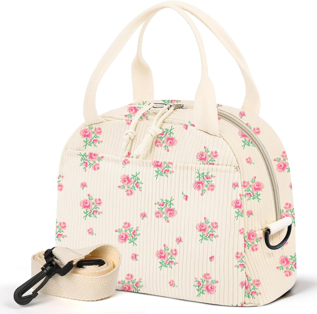 Lunch Box for Women,Cherry Lunch Bag Cute Corduroy Insulated Lunch Box With Shoulder Strap for Adult Womens for Work Picnic (pink floral)