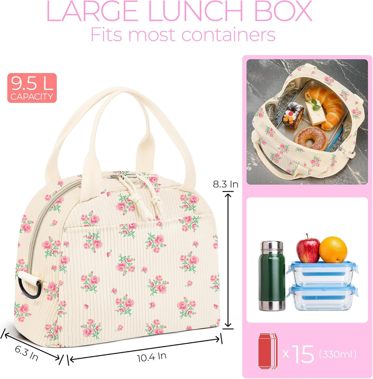 Lunch Box for Women,Cherry Lunch Bag Cute Corduroy Insulated Lunch Box With Shoulder Strap for Adult Womens for Work Picnic (pink floral)