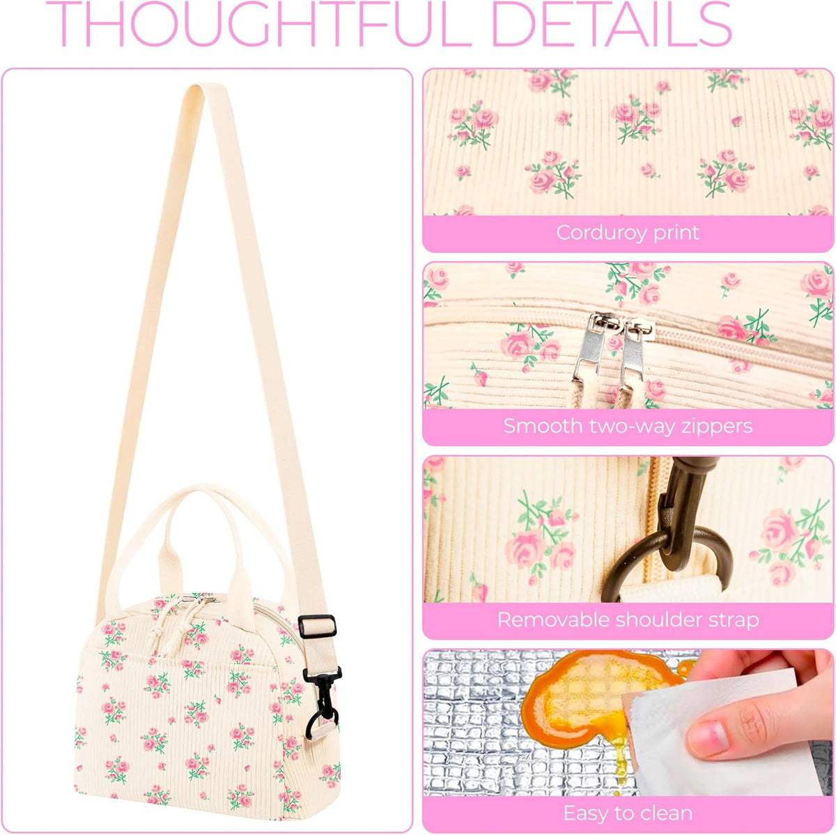 Lunch Box for Women,Cherry Lunch Bag Cute Corduroy Insulated Lunch Box With Shoulder Strap for Adult Womens for Work Picnic (pink floral)