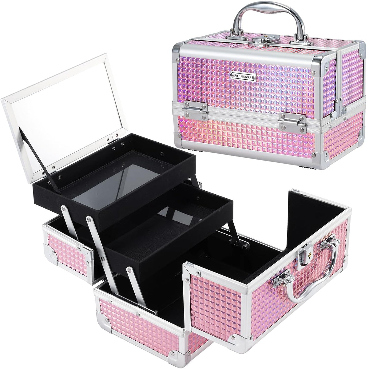 Makeup Train Case Makeup Box Organizer Portable Cosmetic Travel Case Makeup Case with Mirror Locking Make Up Cases Organizers and Storage for Nail Supplies Hard Cosmetic Box Shiny Pink