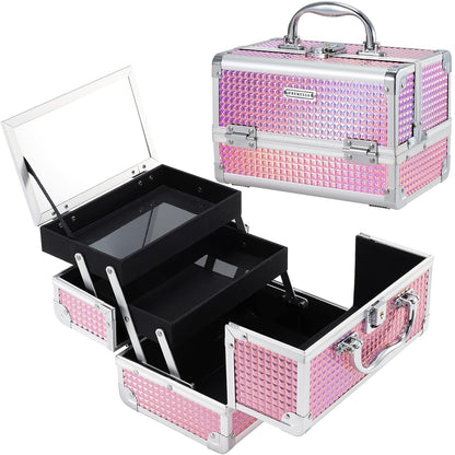 Makeup Train Case Makeup Box Organizer Portable Cosmetic Travel Case Makeup Case with Mirror Locking Make Up Cases Organizers and Storage for Nail Supplies Hard Cosmetic Box Shiny Pink