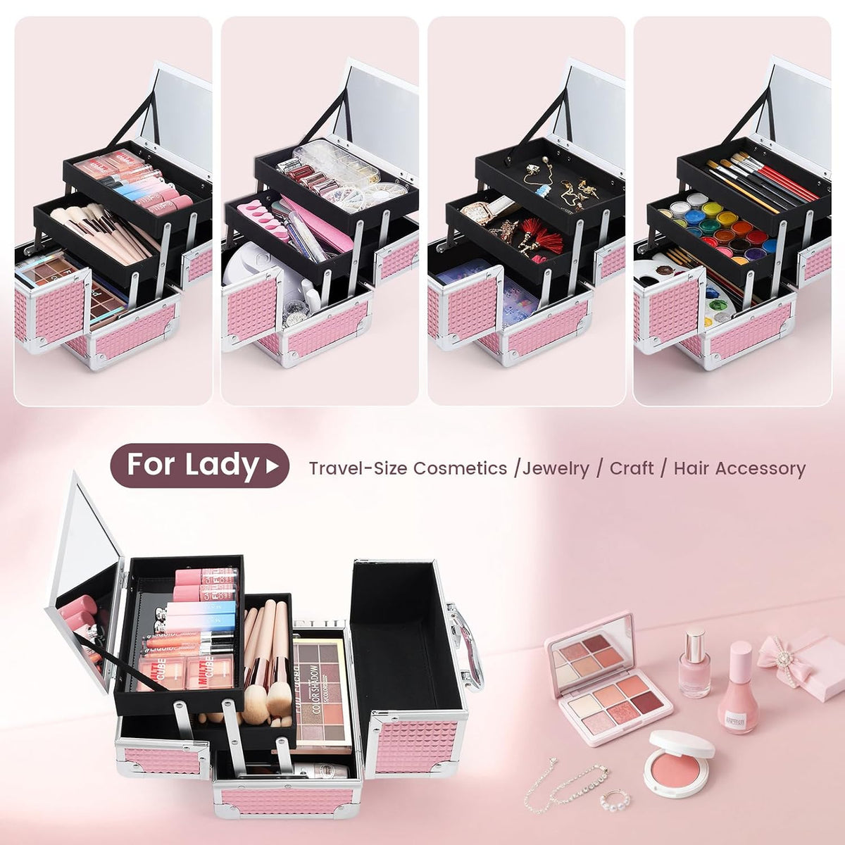 Makeup Train Case Makeup Box Organizer Portable Cosmetic Travel Case Makeup Case with Mirror Locking Make Up Cases Organizers and Storage for Nail Supplies Hard Cosmetic Box Shiny Pink