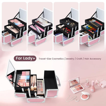Makeup Train Case Makeup Box Organizer Portable Cosmetic Travel Case Makeup Case with Mirror Locking Make Up Cases Organizers and Storage for Nail Supplies Hard Cosmetic Box Shiny Pink