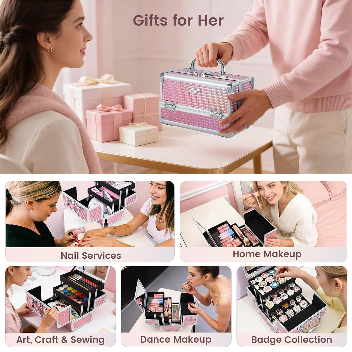 Makeup Train Case Makeup Box Organizer Portable Cosmetic Travel Case Makeup Case with Mirror Locking Make Up Cases Organizers and Storage for Nail Supplies Hard Cosmetic Box Shiny Pink