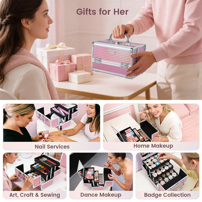 Makeup Train Case Makeup Box Organizer Portable Cosmetic Travel Case Makeup Case with Mirror Locking Make Up Cases Organizers and Storage for Nail Supplies Hard Cosmetic Box Shiny Pink