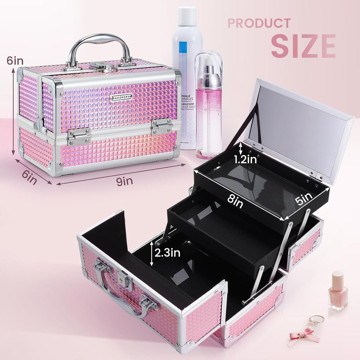 Makeup Train Case Makeup Box Organizer Portable Cosmetic Travel Case Makeup Case with Mirror Locking Make Up Cases Organizers and Storage for Nail Supplies Hard Cosmetic Box Shiny Pink