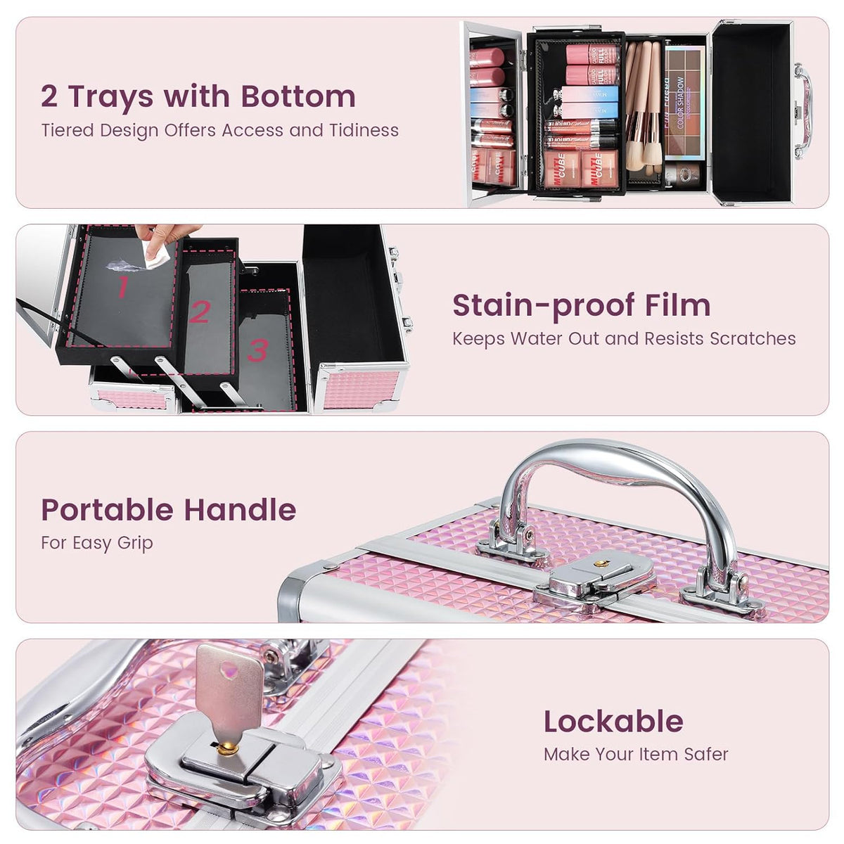 Makeup Train Case Makeup Box Organizer Portable Cosmetic Travel Case Makeup Case with Mirror Locking Make Up Cases Organizers and Storage for Nail Supplies Hard Cosmetic Box Shiny Pink