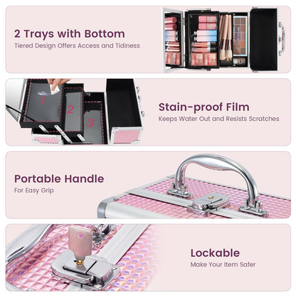 Makeup Train Case Makeup Box Organizer Portable Cosmetic Travel Case Makeup Case with Mirror Locking Make Up Cases Organizers and Storage for Nail Supplies Hard Cosmetic Box Shiny Pink
