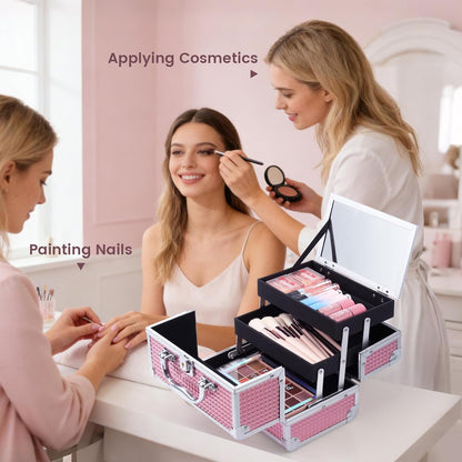 Makeup Train Case Makeup Box Organizer Portable Cosmetic Travel Case Makeup Case with Mirror Locking Make Up Cases Organizers and Storage for Nail Supplies Hard Cosmetic Box Shiny Pink