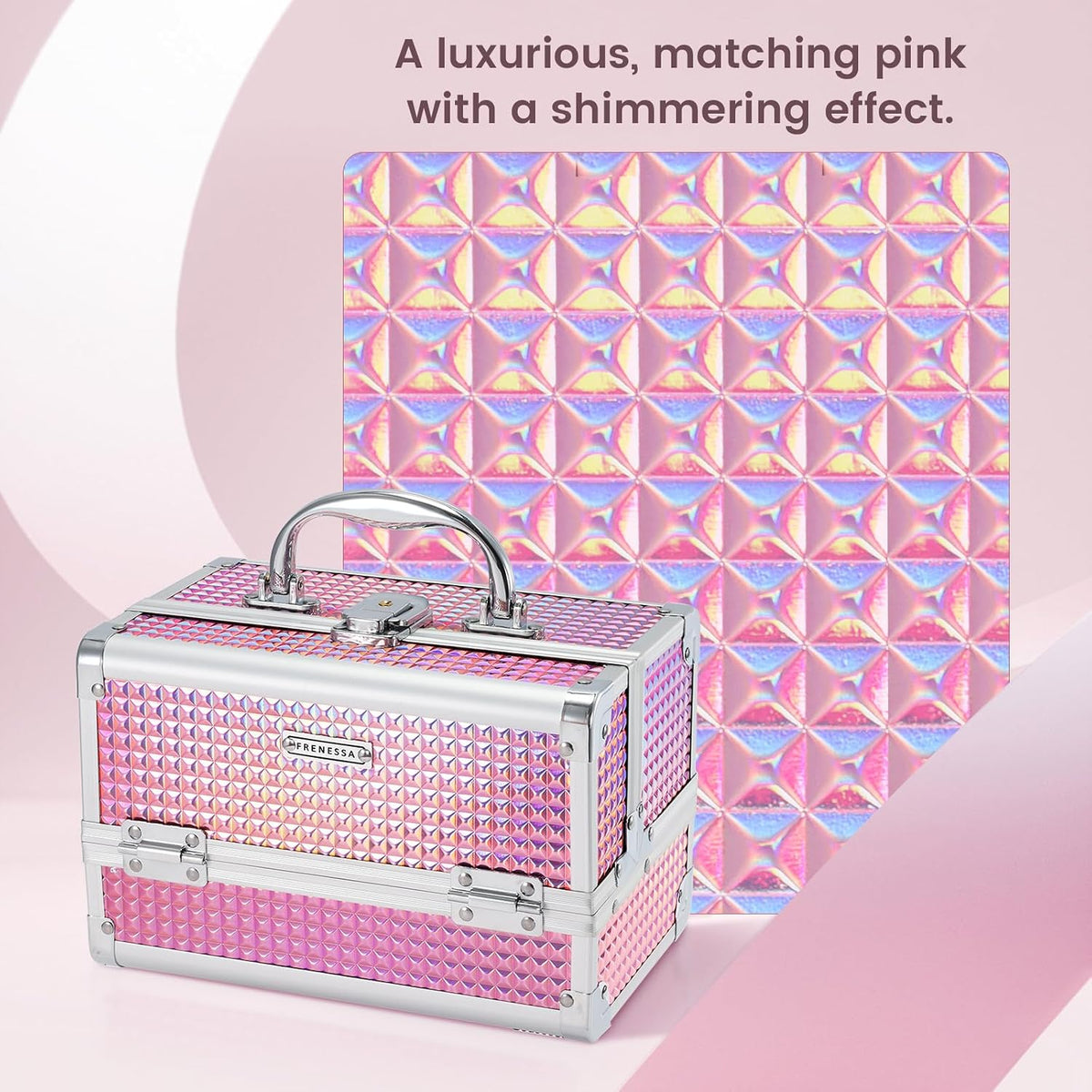 Makeup Train Case Makeup Box Organizer Portable Cosmetic Travel Case Makeup Case with Mirror Locking Make Up Cases Organizers and Storage for Nail Supplies Hard Cosmetic Box Shiny Pink