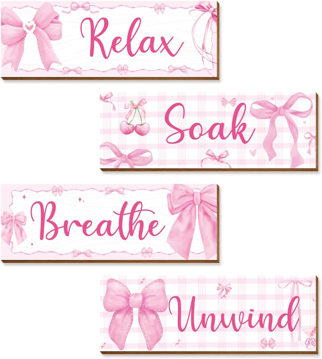 4 Pcs Pink Wall Decor, Pink Bathroom Room Decor for Teen Girls, Relax Soak Unwind Breathe Wooden Wall Art Decor, Coquete Bow Wall Hanging Signs