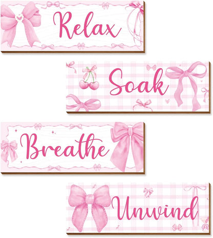 4 Pcs Pink Wall Decor, Pink Bathroom Room Decor for Teen Girls, Relax Soak Unwind Breathe Wooden Wall Art Decor, Coquete Bow Wall Hanging Signs