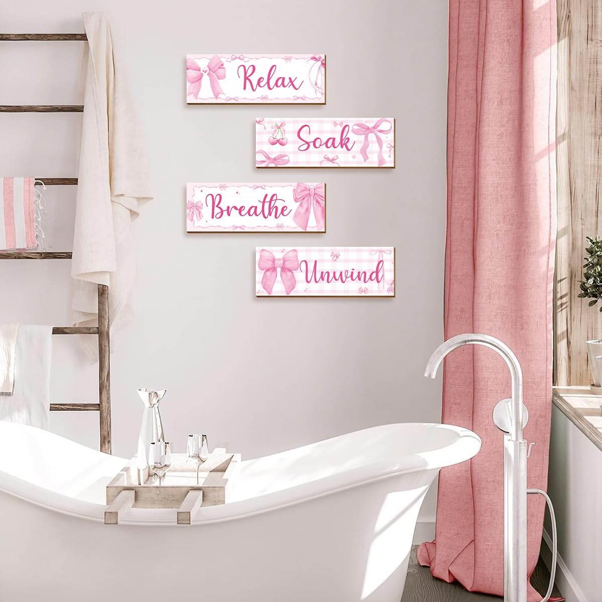 4 Pcs Pink Wall Decor, Pink Bathroom Room Decor for Teen Girls, Relax Soak Unwind Breathe Wooden Wall Art Decor, Coquete Bow Wall Hanging Signs