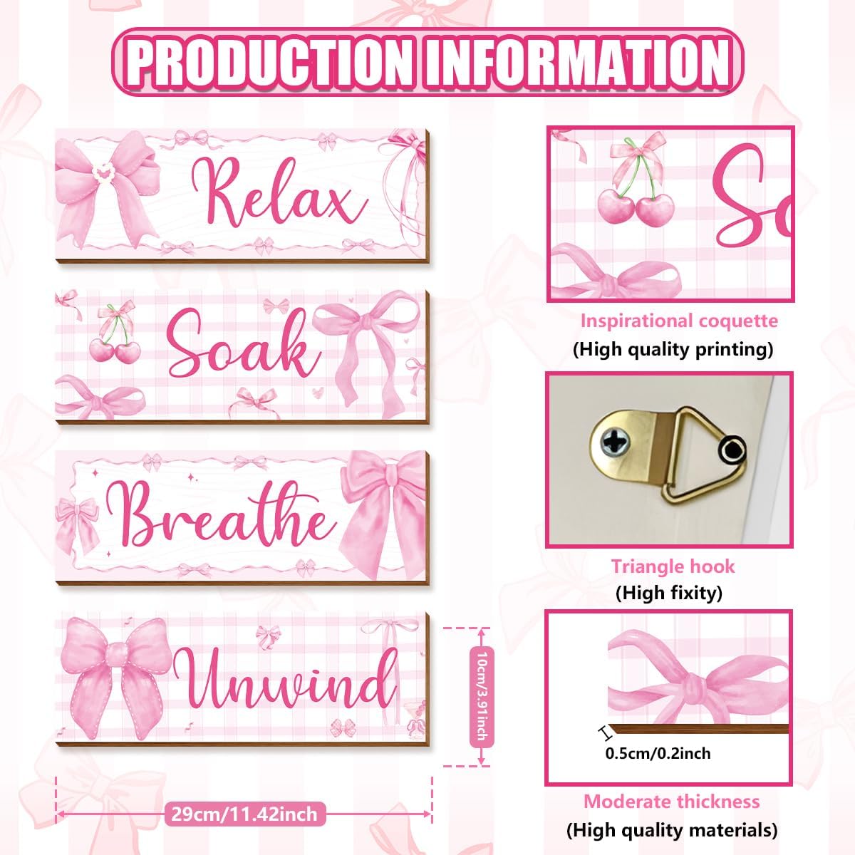 4 Pcs Pink Wall Decor, Pink Bathroom Room Decor for Teen Girls, Relax Soak Unwind Breathe Wooden Wall Art Decor, Coquete Bow Wall Hanging Signs