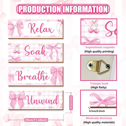4 Pcs Pink Wall Decor, Pink Bathroom Room Decor for Teen Girls, Relax Soak Unwind Breathe Wooden Wall Art Decor, Coquete Bow Wall Hanging Signs