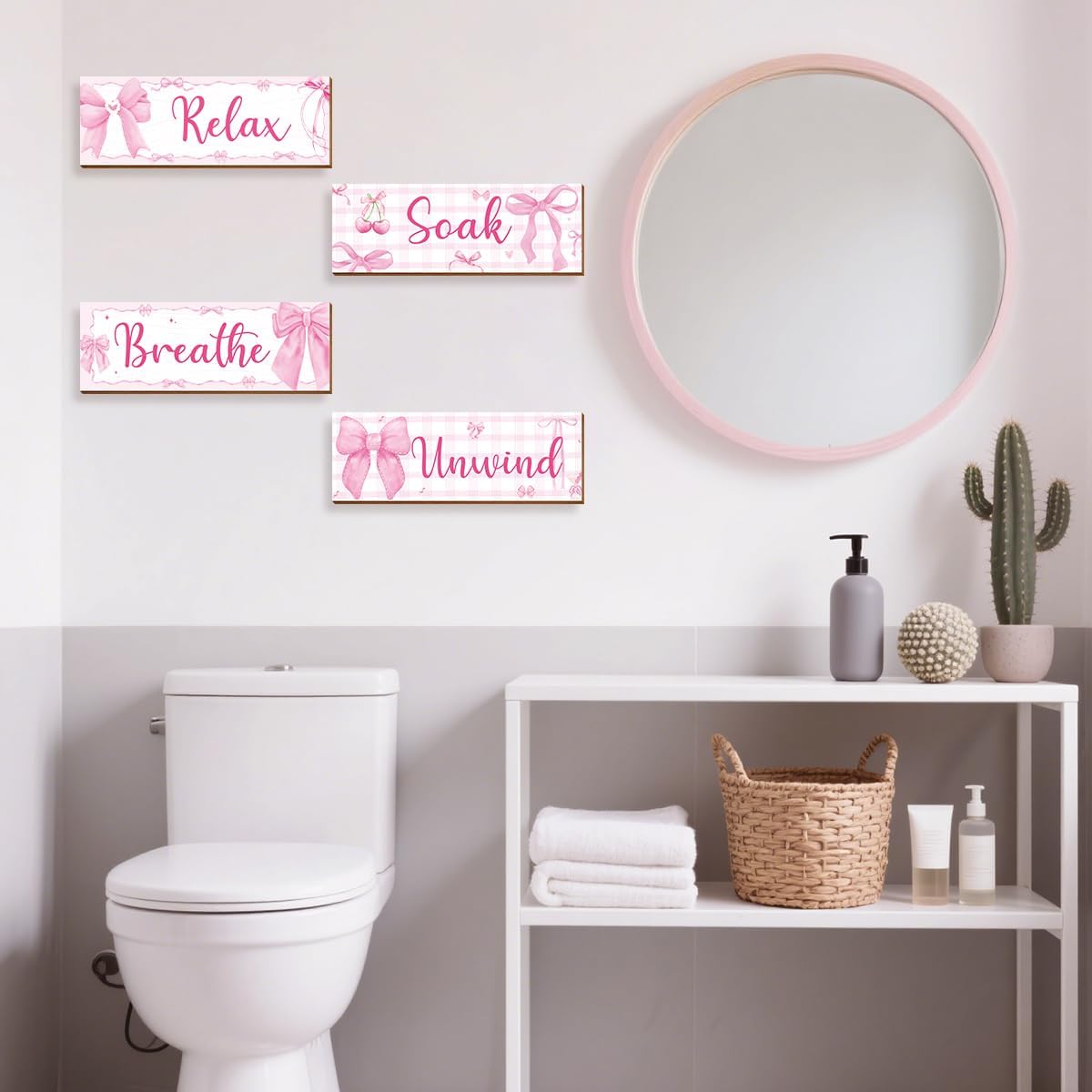 4 Pcs Pink Wall Decor, Pink Bathroom Room Decor for Teen Girls, Relax Soak Unwind Breathe Wooden Wall Art Decor, Coquete Bow Wall Hanging Signs