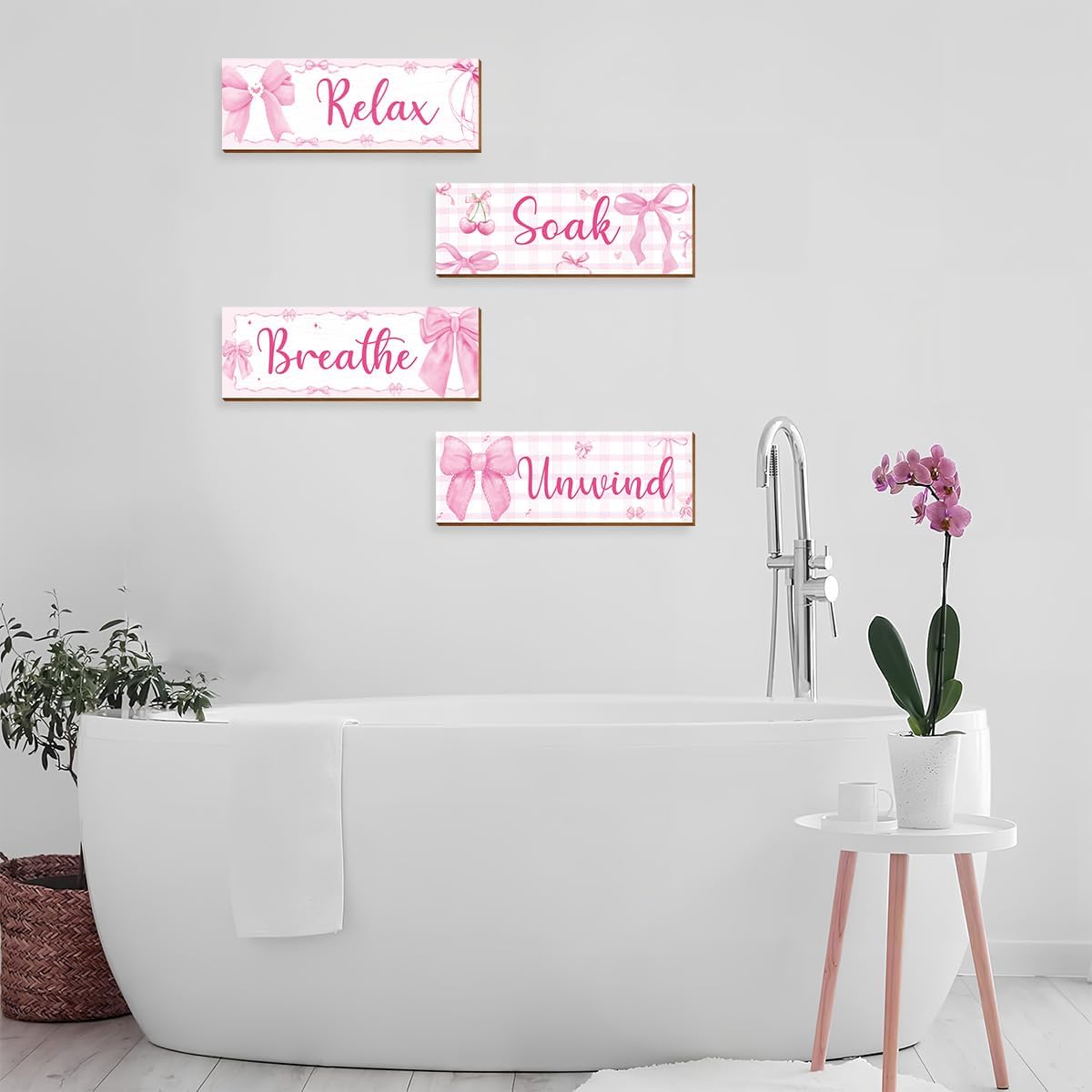 4 Pcs Pink Wall Decor, Pink Bathroom Room Decor for Teen Girls, Relax Soak Unwind Breathe Wooden Wall Art Decor, Coquete Bow Wall Hanging Signs