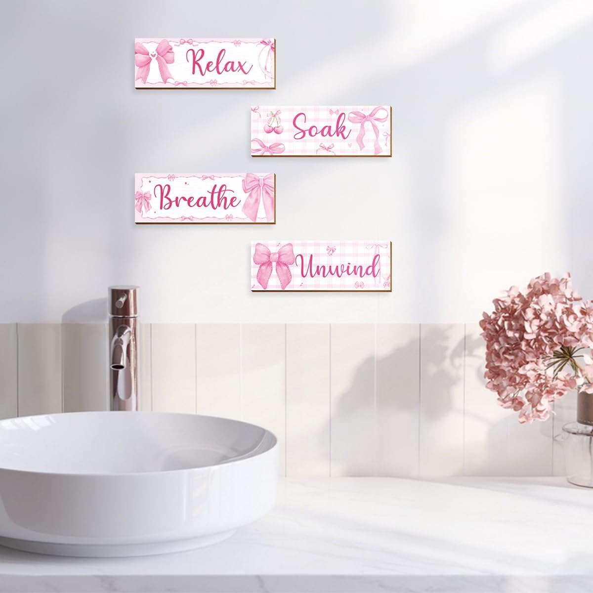 4 Pcs Pink Wall Decor, Pink Bathroom Room Decor for Teen Girls, Relax Soak Unwind Breathe Wooden Wall Art Decor, Coquete Bow Wall Hanging Signs