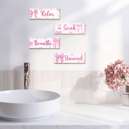 4 Pcs Pink Wall Decor, Pink Bathroom Room Decor for Teen Girls, Relax Soak Unwind Breathe Wooden Wall Art Decor, Coquete Bow Wall Hanging Signs