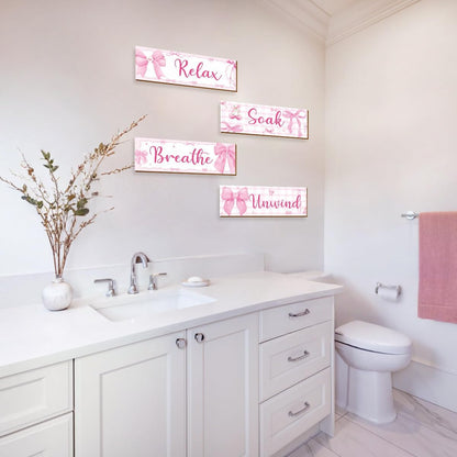 4 Pcs Pink Wall Decor, Pink Bathroom Room Decor for Teen Girls, Relax Soak Unwind Breathe Wooden Wall Art Decor, Coquete Bow Wall Hanging Signs