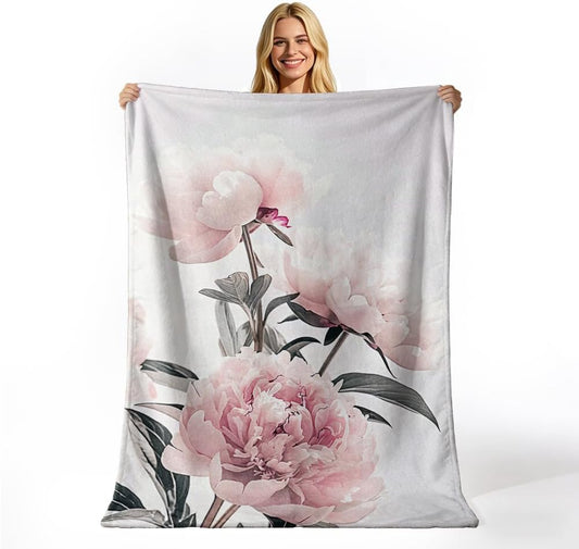 Pink Rose Throw Blanket Watercolor Floral Print Soft Warm Cozy Lightweight Pink Flower Botanical Decor Flannel Blanket for Couch Sofa Bedroom Gifts Women Girls (59" x 70")