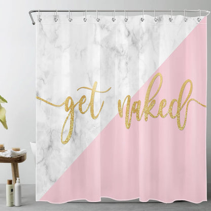 Get Naked Shower Curtain for Bathroom Funny Quotes with Gold Texture on Pink and White Marble Shower Curtain with 12 Hooks Modern Abstract Bathroom Curtains Shower Set 72x72 Inch