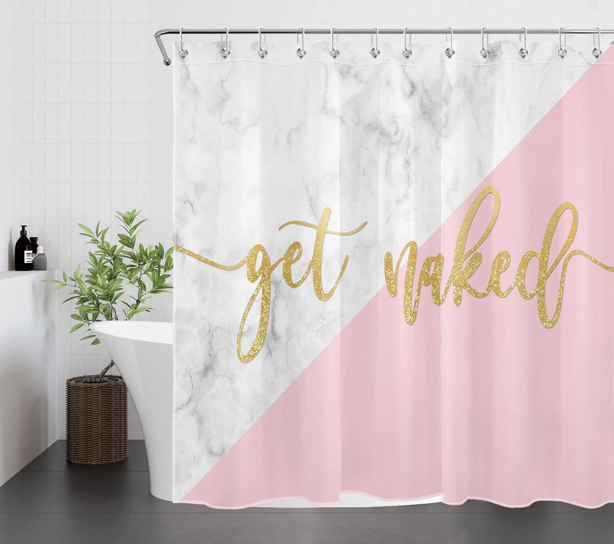 Get Naked Shower Curtain for Bathroom Funny Quotes with Gold Texture on Pink and White Marble Shower Curtain with 12 Hooks Modern Abstract Bathroom Curtains Shower Set 72x72 Inch
