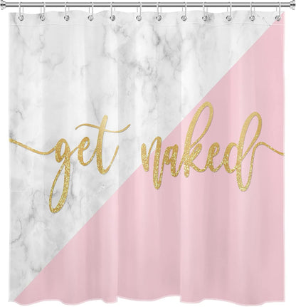 Get Naked Shower Curtain for Bathroom Funny Quotes with Gold Texture on Pink and White Marble Shower Curtain with 12 Hooks Modern Abstract Bathroom Curtains Shower Set 72x72 Inch
