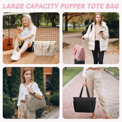 Tote Bag for Women, Lightweight Puffer Tote Bag with Compartments, Quilted Shoulder Bag Handbag with Zipper for Work