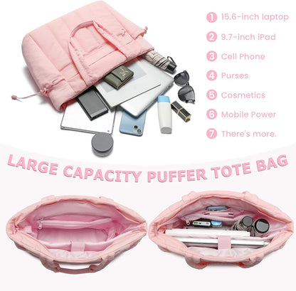 Tote Bag for Women, Lightweight Puffer Tote Bag with Compartments, Quilted Shoulder Bag Handbag with Zipper for Work